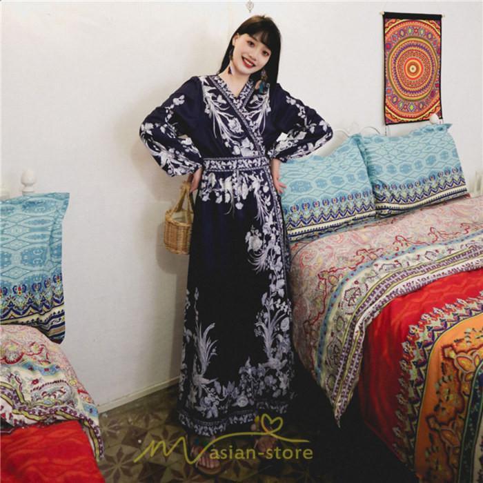 マキシ | マキシワンピース ロングワンピース レディース 夏 秋 長袖 紺 ゆったり Aライン 花柄プリント きれいめ リゾート 大人 20代 母 40代 同窓会 二次会 ママ 30代