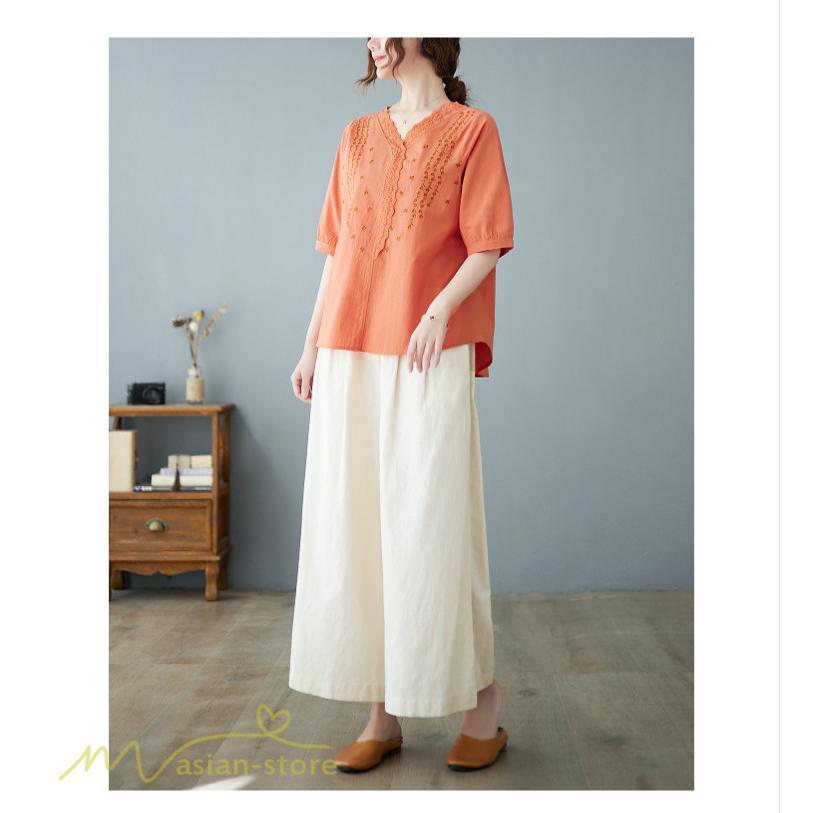 tシャツ・カットソー | Tシャツ ブラウス レディース Vネック カジュアル エレガント 半袖 30代 40代 カットソー 夏新作 おしゃれ 大きいサイズ 体型カバー コットン 麻混 ゆったり