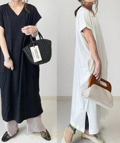 マキシ | 夏ワンピース 半袖ワンピース ロングワンピース 半袖 夏服 レディース 無地 サイドスリット Vネック 大きい ゆったり 白 黒 50代 30代40代 ポケット 可愛い