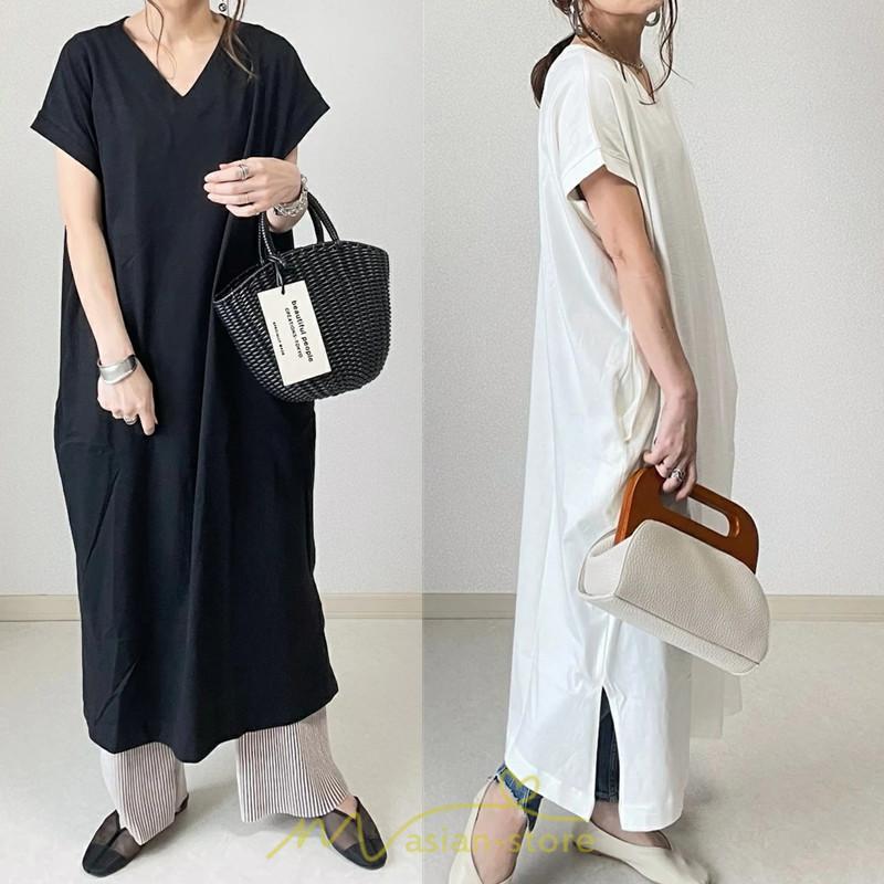 マキシ | 夏ワンピース 半袖ワンピース ロングワンピース 半袖 夏服 レディース 無地 サイドスリット Vネック 大きい ゆったり 白 黒 50代 30代40代 ポケット 可愛い