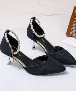 パンプス | ストラップサイドカット ポインテッドトゥ ピンヒール ストラップ 大きいサイズ 靴 黒 滑り止めソール シューズ 30代 ミドルヒール