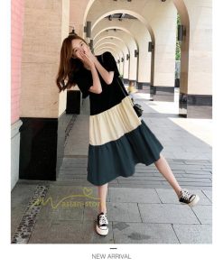 ミディアム | フレアワンピース 半袖 夏物 レディース ロングワンピース ミモレ丈 ギャザー Aラインワンピース 揺れる 大人 切り替え 20代30代 可愛い