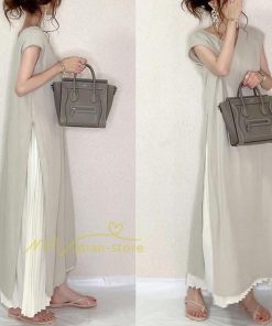 マキシ | 夏ワンピース 秋スカート レディース 秋物 夏服 ロングワンピース ロングスカート プリーツスカート 無地 ウエストゴム 2点セット セットアップ ゆったり