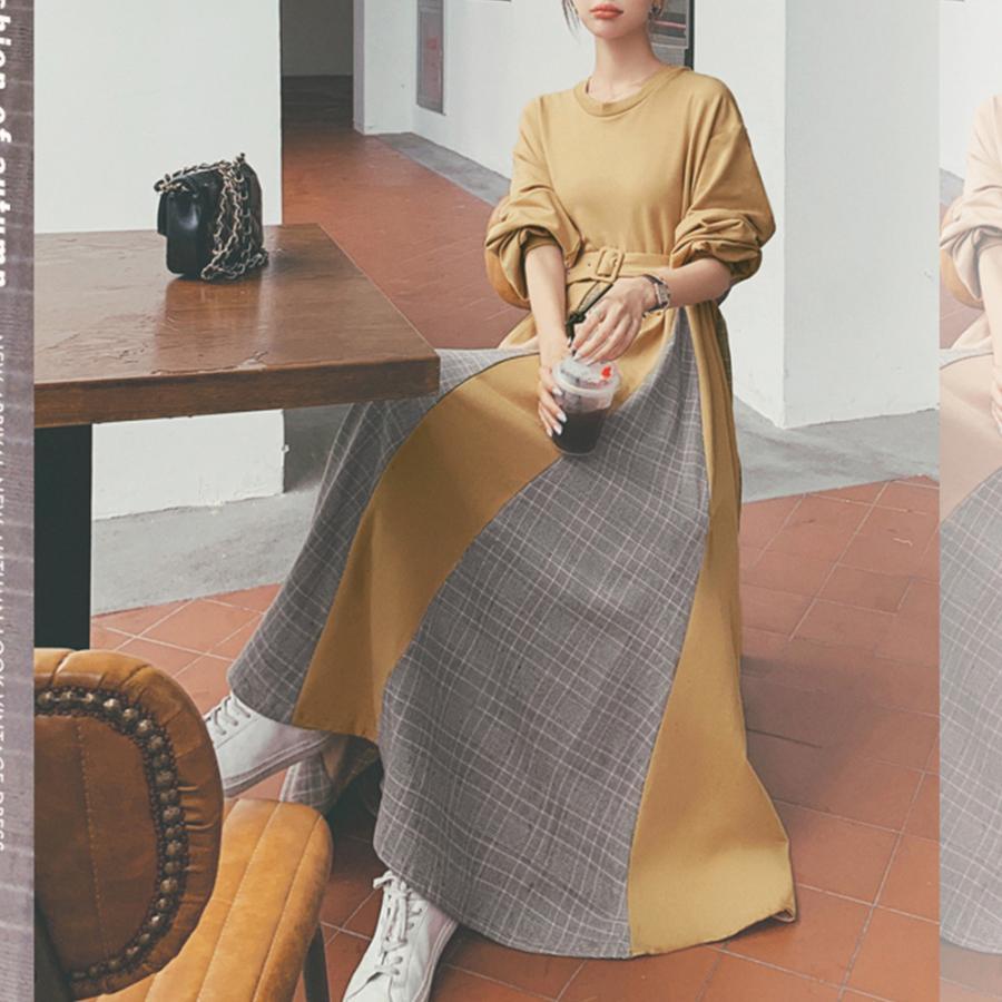 ワンピース | ロング春 異素材フレアワンピ