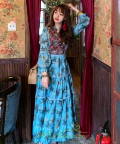 マキシ | ワンピース 七分袖 レディース 夏服  秋服 ロングワンピース マキシ丈 Vネック 民族風 エスニック風 体型カバー カジュアル お洒落 レトロ ハイウエスト