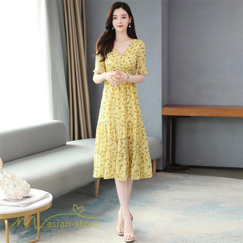 ミディアム | ワンピース Aライン レディース 着痩せ 上品 カジュアル Vネック カジュアル 春 夏 花柄 きれいめサマー ワンピース 通勤 通学 ソフト 膝丈 大人 お出かけ