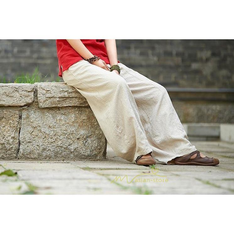 ワイドパンツ | 夏パンツ レディース パフパンツ ロングパンツ 綿麻パンツ 涼しい ゆったり ウエストゴム 可愛い 20代30代40代50代60代 無地 大人 大きめ