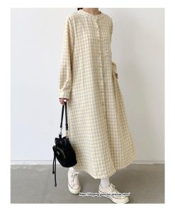 マキシ | 長袖ワンピース チェック柄ワンピース ロングワンピース レディース 秋物 ワンピース 楽チン 綿ワンピース 綿シャツワンピ スタンドカラー ゆったり 大きめ