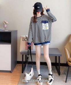 パーカー | トレーナー レディース スウェット 大きいサイズ 韓国 トップス 長袖 おしゃれ ボーダー柄 Tシャツ 大きいサイズ 体型カバー 送料無料 大きいポケット