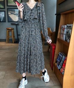 ワンピース | 花柄長袖 春服40代 フレアスカート ロング丈 シフォンワンピ きれいめ レディース 体型カバー