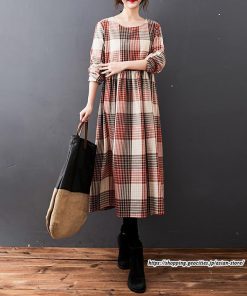 マキシ | チェック柄ワンピースリネン風 長袖ワンピース 30代レディース秋物長袖 綿麻風 ゆったり ゆるシルエット 大人 可愛い 通学通勤 リネンワンピ チェック柄 50代