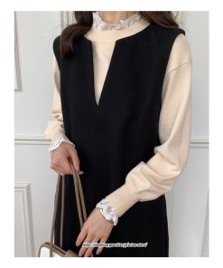 マキシ | ワンピース ジャンパースカート ジャンスカ 深Vネック ロングワンピース Vネック 】 ウール混深Vネックジャンスカ スリット入り【