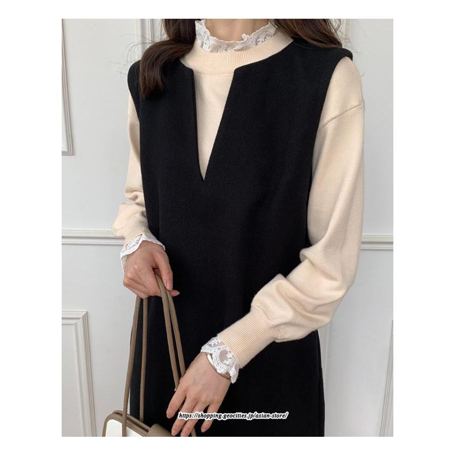 マキシ | ワンピース ジャンパースカート ジャンスカ 深Vネック ロングワンピース Vネック 】 ウール混深Vネックジャンスカ スリット入り【