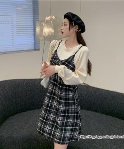 ミニ丈 | チェック柄ワンピース 膝上丈 長袖 切り替え フェイクレイヤード Aラインワンピース スリム 通学通勤 可愛い ミニワンピース ワンピ 低身長 ワンピース 秋物