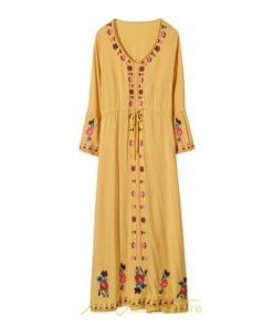 マキシ | ロングワンピース ロング丈 刺繍 ワンピ 民族風 エスニック風 長袖 ゆったり 体型カバー シンプル ナチュラル 花柄 旅行 着痩せ 綿麻 お出かけ　 リゾート