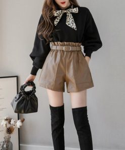 ショートパンツ | ワイド秋冬 レディース PUレザー キュロットパンツ ベルト付き ハイウエスト ウエストゴム