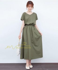 送料無料SALE | ロングワンピース 夏ワンピース 半袖 無地 フレアワンピース Vネック ベルト付き ゴム 女っぽい お呼ばれワンピース 大人 30代40代 ワンピ パーティー