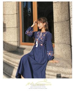 マキシ | ワンピース レディース エスニック風 ボヘミアン ロング丈 ロングワンピース 派手 ゆったり 民族風 長袖 綿麻 リゾート夏 海デート 海外旅行 丸首 秋 高品質