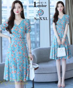ミディアム | ワンピース レディース 着痩せ 半袖 花柄 きれいめ ミディアムワンピース カジュアル 膝丈 タック カジュアルワンピース おしゃれ サマーワンピース Vネック