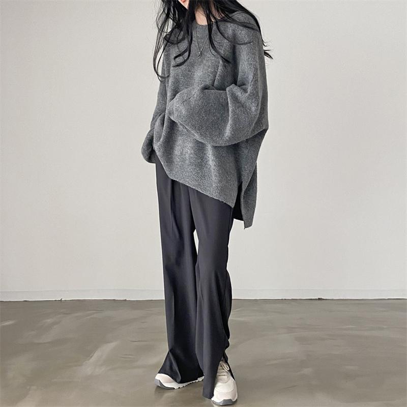 ニット・セーター | ニット レディース 秋冬 厚手 トップス セーター 秋服コーデ 長袖 パフスリーブ ボリューム感 スリット ゆったり 30代 上品 無地 大人 ニットセーター 大きめ