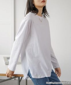 ｔシャツ・カットソー | Tシャツ Tシャツ コットン長袖オーバーサイズ裾ラウンドTシャツ レディース 綿Tシャツ 長袖Tシャツ クルーネック 秋物 ミドル丈 無地 丸首 長袖