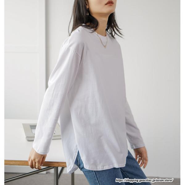 tシャツ・カットソー | Tシャツ Tシャツ コットン長袖オーバーサイズ裾ラウンドTシャツ レディース 綿Tシャツ 長袖Tシャツ クルーネック 秋物 ミドル丈 無地 丸首 長袖