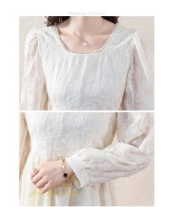 ミディアム | Aラインワンピース 秋コーデ レディース 長袖 膝丈ワンピース 腰リボン付き 刺繍 パフスリーブ 美ライン シルエット 大人 無地 オフィス お呼ばれ フォーマル