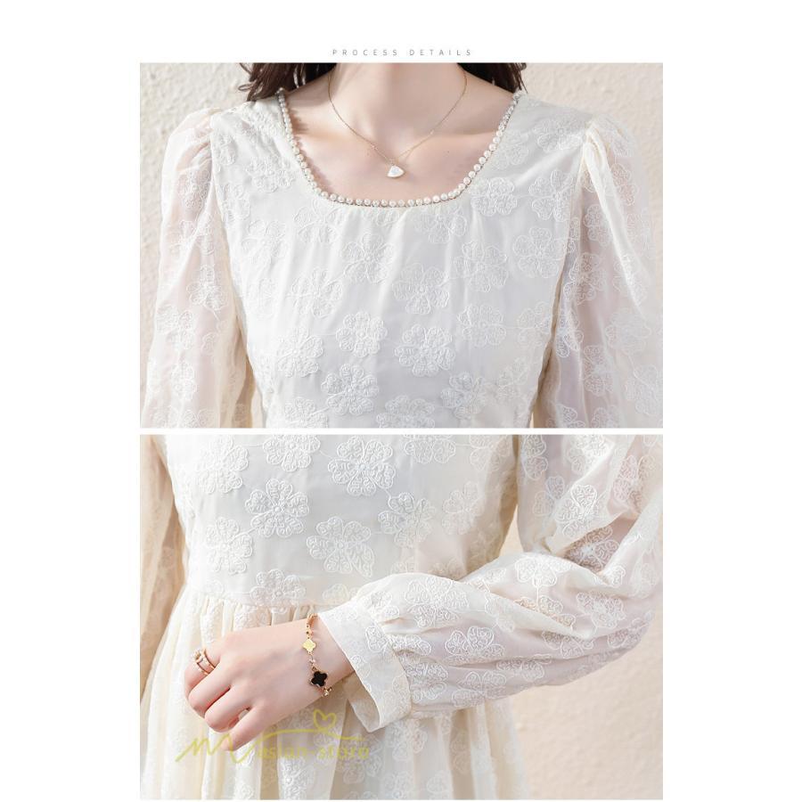 ミディアム | Aラインワンピース 秋コーデ レディース 長袖 膝丈ワンピース 腰リボン付き 刺繍 パフスリーブ 美ライン シルエット 大人 無地 オフィス お呼ばれ フォーマル