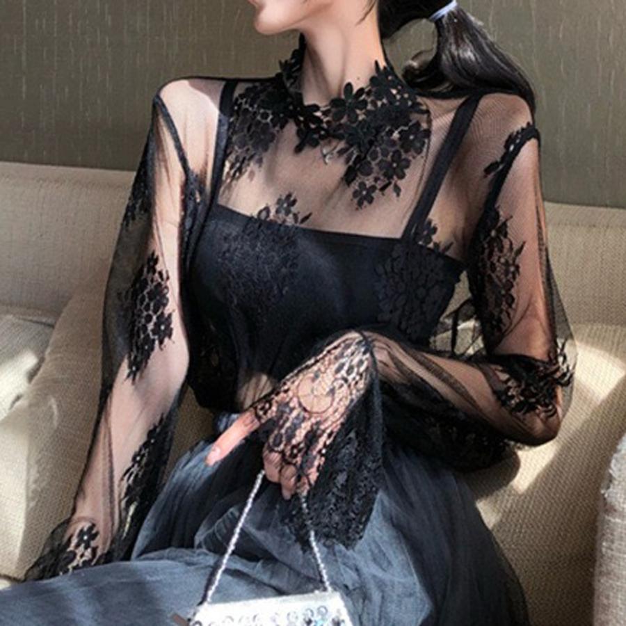 透かし編みトップス | トップス インナー ブラウス 長袖 レディース ネック シースルー