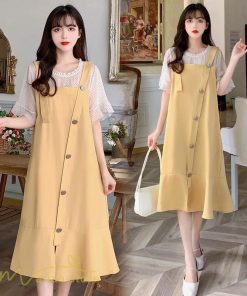 ミディアム | ワンピース レディース 重ね着風 夏物 半袖 フレア シンプル かわいい 20代 30代 大きいサイズ 夏 ゆったり 膝丈 体型カバー カジュアルワンピース おしゃれ