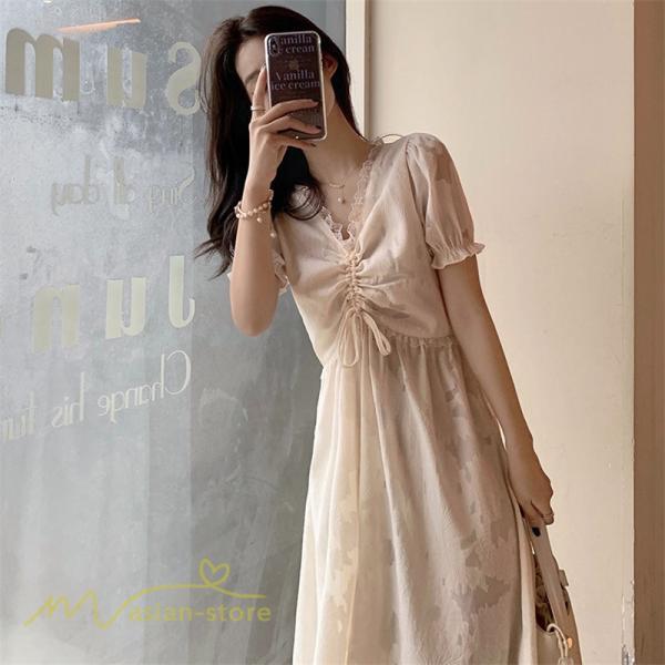 ミディアム | ワンピース レディース 着痩せ 上品 半袖 Aラインワンピース シフォン カジュアル 膝丈 きれいめ おしゃれ Vネック 上品 40代 30代 20代 サマーワンピース