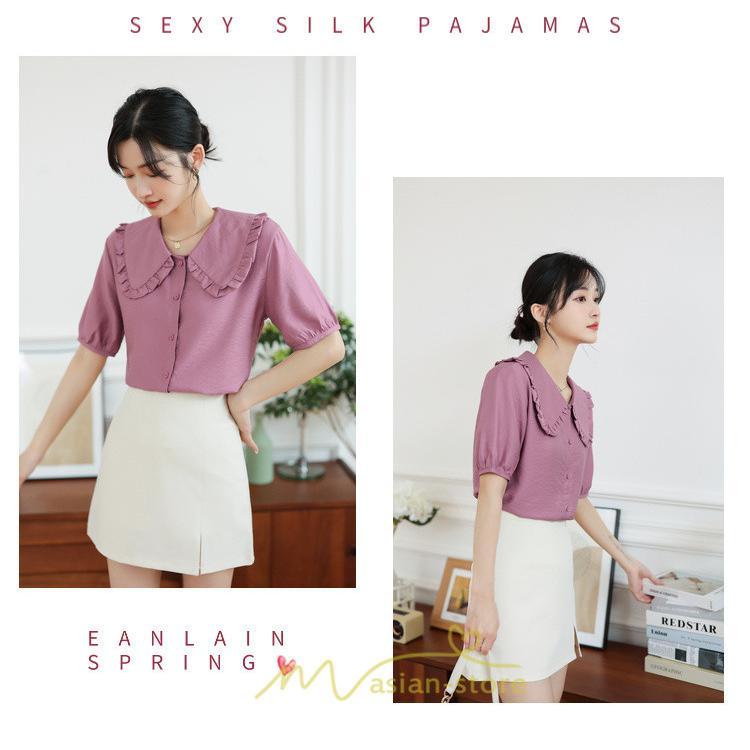 シャツ・ブラウス | ブラウス シフォン トップス レディース 白 紫 夏ブラウス シフォンブラウス 半袖 オフィス 春夏 クルーネック お出かけ 着痩せ 華奢見え フリル