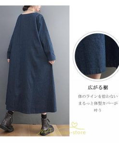 デニムワンピース | ワンピース デニム レディース 40代 ロング チュニック 長袖 ゆったり かわいい 大きいサイズ 藍 大きいポケット 体型カバー