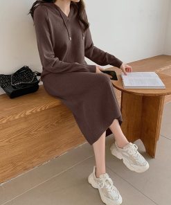 ニットワンピース | ワンピース 秋冬 リブニット ロングワンピース ミモレ丈 無地 フード付き 帽子 ストレッチ 大人 長袖 セーター 50代 20代30代 アウター 大人