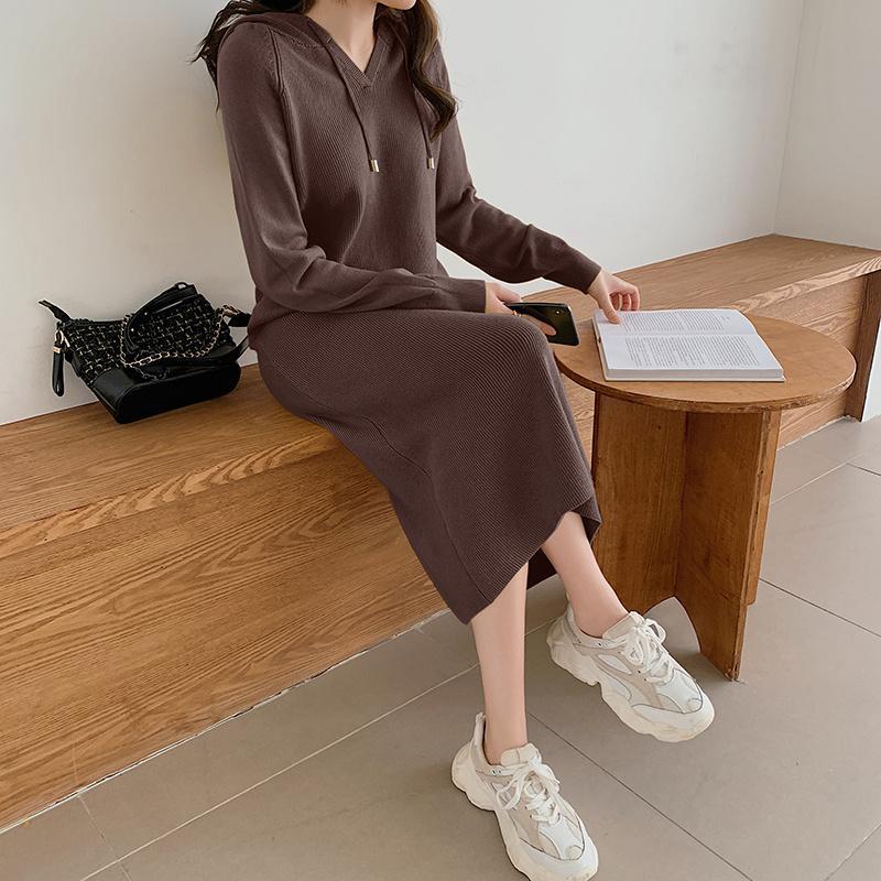 ニットワンピース | ワンピース 秋冬 リブニット ロングワンピース ミモレ丈 無地 フード付き 帽子 ストレッチ 大人 長袖 セーター 50代 20代30代 アウター 大人