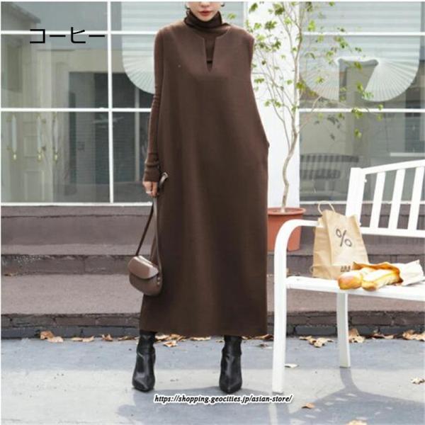 マキシ | ワンピース ジャンパースカート ジャンスカ 深Vネック ロングワンピース Vネック 】 ウール混深Vネックジャンスカ スリット入り【