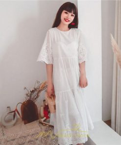 マキシ | ワンピース レース 丸首 刺繍 ロングワンピース レディース 夏秋 結婚式 きれいめ フォーマル 大人 上品 綿麻 白 黄色 コットン ピンク かわいい リネン