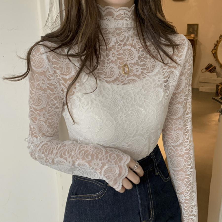 透かし編みトップス | トップス 総レース ハイネック カットソー インナー ペイズリー柄 レディース ブラウス シースルー セクシー おしゃれ