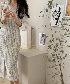 マキシ | ワンピース ノースリーブ Vネック ミモレ丈 ツイードワンピース スリット キラキラ 美ライン 女シルエット エレガント 秋物 レディース 秋冬 フェミニン