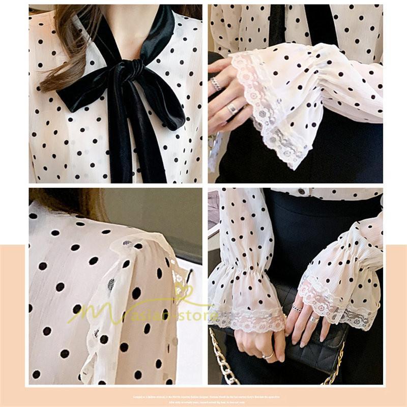 シャツ・ブラウス | ブラウス レディース 長袖ブラウス 秋服 オフィスブラウス リボンネック オシャレブラウス プリントトップス 韓国風 大人 ゆったりシャツ 通勤OL ドット柄 上品