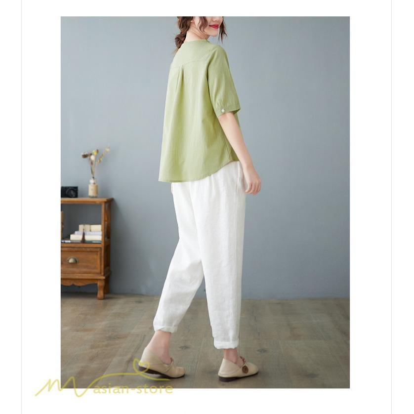 tシャツ・カットソー | Tシャツ ブラウス レディース Vネック カジュアル エレガント 半袖 30代 40代 カットソー 夏新作 おしゃれ 大きいサイズ 体型カバー コットン 麻混 ゆったり