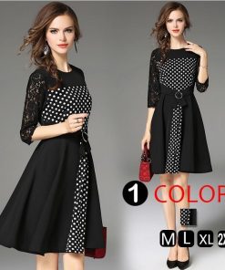 レースワンピース | 7分袖 ひざ丈ワンピ フレアワンピース レディース 大きいサイズ 膝丈ワンピース レース 二次会 通勤 水玉 切り替え パーティー