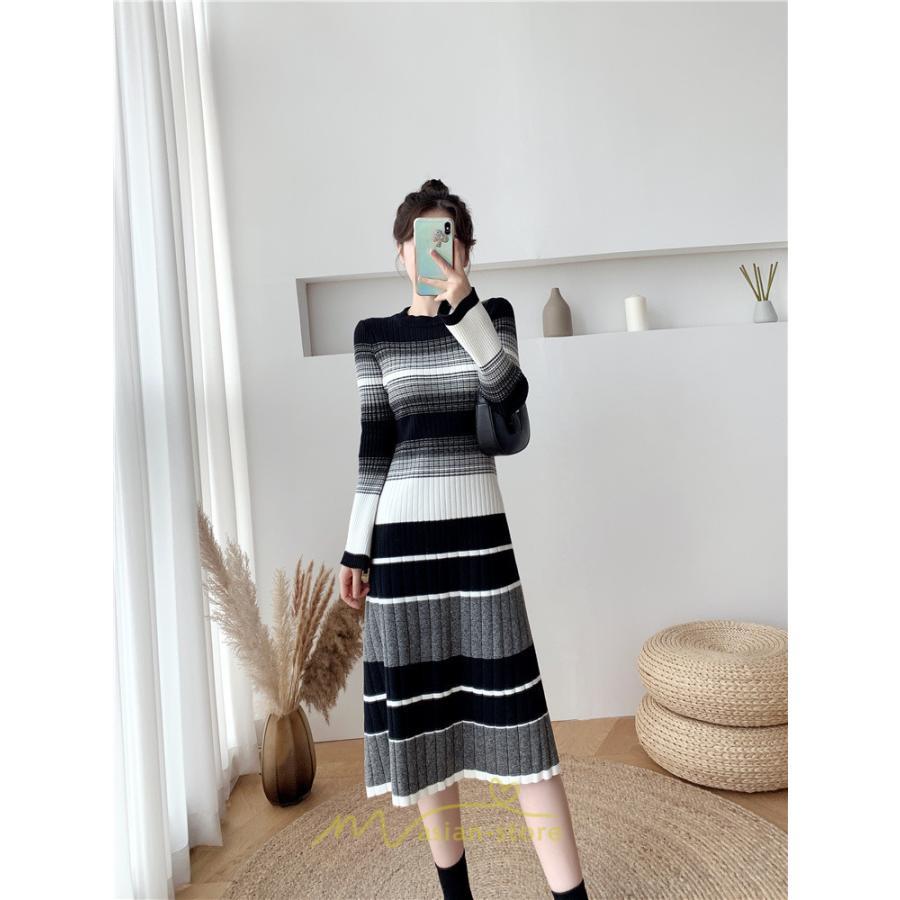 ニットワンピース | ワンピース レディース ニット ワンピース ニット チュニック ロング 長袖 着痩せ 秋冬 送料無料 ボーダー柄 2022新作 韓国風 秋冬コーデ 大人可愛い