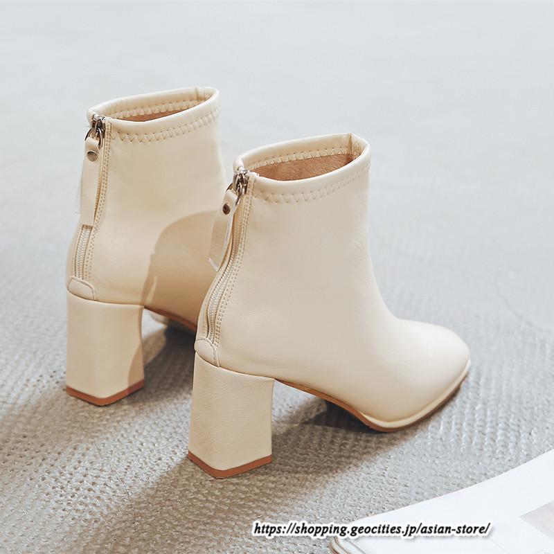 ショートブーツ | レディース 裏起毛あり 裏起毛なし スクエアトゥ ブーツ チャンキーヒール 太ヒール 後ろファスナー ミドルヒール 大人 靴 シューズ 黒ブーツ