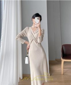 ニットワンピース | 二ットワンピース レディース ニットワンピ Vネック 長袖 トップス チュニック ロング丈 ミモレ丈 着痩せ 秋 冬 コーデ 20代30代40代 フェミニン 上品 大人