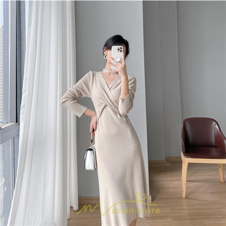 ニットワンピース | 二ットワンピース レディース ニットワンピ Vネック 長袖 トップス チュニック ロング丈 ミモレ丈 着痩せ 秋 冬 コーデ 20代30代40代 フェミニン 上品 大人