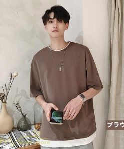 Tシャツ | メンズ 夏物 半袖 五分袖 フェイク レイヤード 重ね着 無地 おしゃれ プルオーバー オーバーサイズ しっかり ロングｔ 男 20代 カジュアル 30代