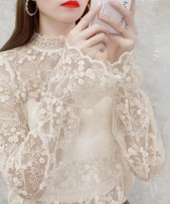 透かし編みトップス | レースブラウス レディース オシャレ シースルー きれいめ シアートップス プルオーバー セクシー プチハイネック 韓国風 長袖