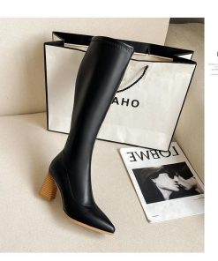 ロングブーツ | ポインテッドトゥレディース チャンキーヒール サイドファスナー バイカラー ミドルヒール 太ヒール 合皮ブーツ ロングブーツ ブーツ 無地