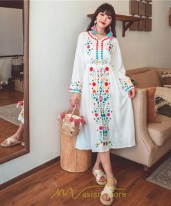 マキシ | ワンピース コットン 長袖ワンピース カジュアル ゆったり ナチュラル シンプル 可愛い 夏 秋 エスニック Vネック 鎖骨 レトロ 黄色 刺繍 白 青 三色展開